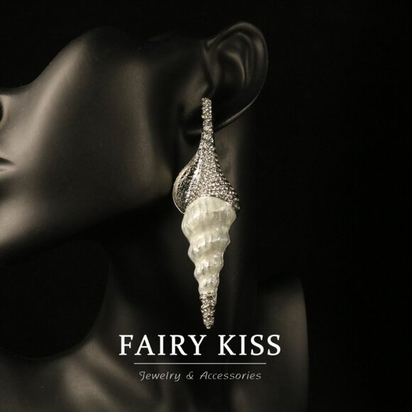 Vintage Pave Rhinestone Spiral Seashell Earrings - Picture 2 of 4